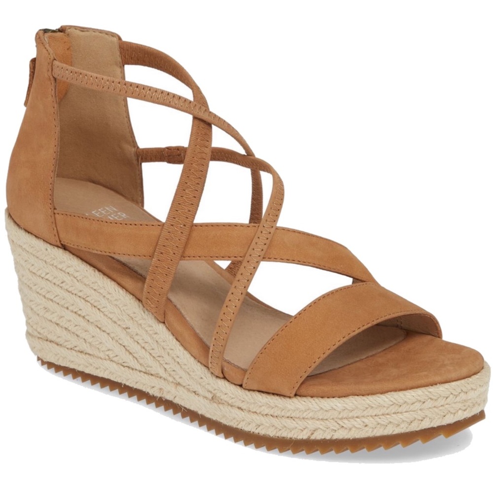 Eileen Fisher Wanda Cross Strap Wedge Sandal in Sand Tumbled Nubuck Leather